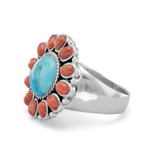 Load image into Gallery viewer, Reconstituted Turquoise and Coral Sunburst Ring - SoMag2