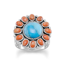 Load image into Gallery viewer, Reconstituted Turquoise and Coral Sunburst Ring - SoMag2