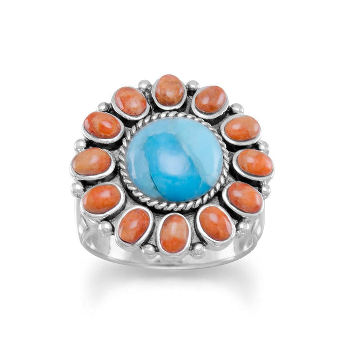 Reconstituted Turquoise and Coral Sunburst Ring - SoMag2