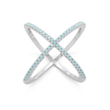 Load image into Gallery viewer, Rhodium Plated Criss Cross &#39;X&#39; Ring with Blue CZs - SoMag2