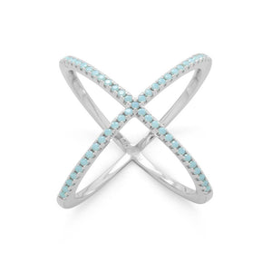 Rhodium Plated Criss Cross 'X' Ring with Blue CZs - SoMag2