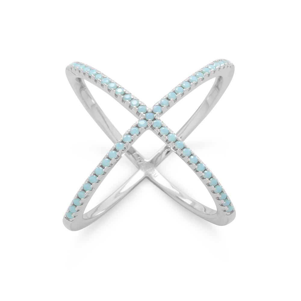 Rhodium Plated Criss Cross 'X' Ring with Blue CZs - SoMag2