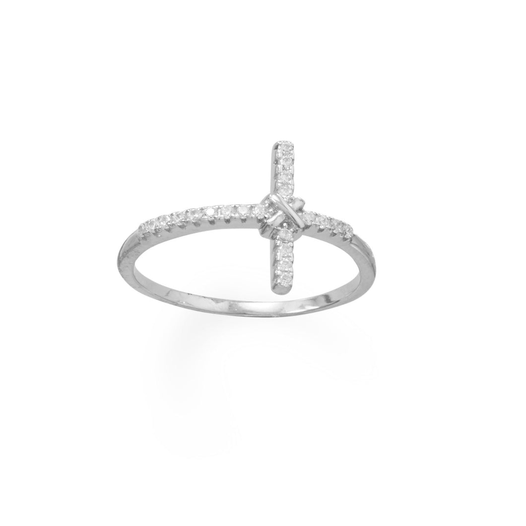 Rhodium Plated CZ Sideways Cross Ring - SoMag2