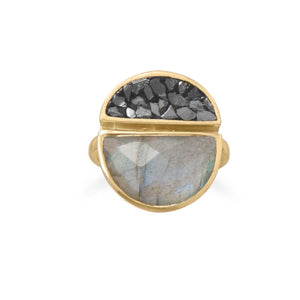 Gold Plated Labradorite and Diamond Chips Ring - SoMag2