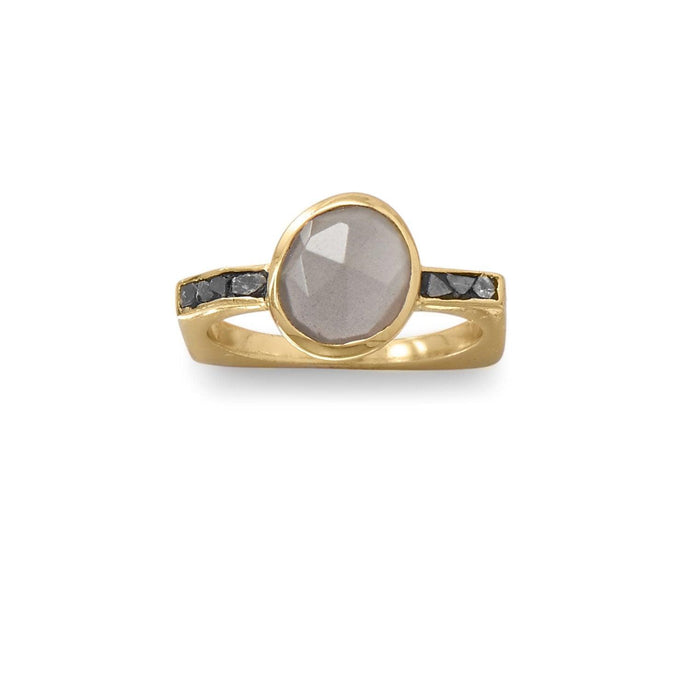 Gold Plated Grey Moonstone and Diamond Chips Ring - SoMag2