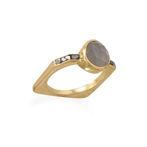 Gold Plated Grey Moonstone and Diamond Chips Ring - SoMag2