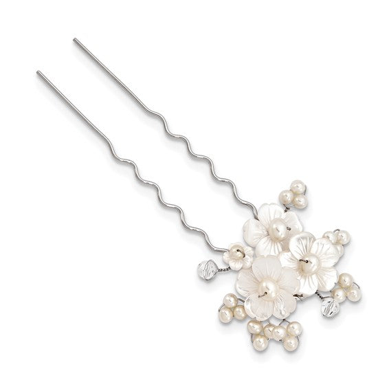 White Freshwater Cultured Pearl Clear Crystals from Swarovski and Mother of Pearl Floral Ornate Hair Pin