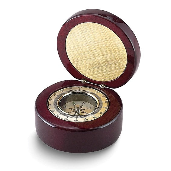 Round Rosewood Finish Wood Box with Compass and Engraving Plate - SoMag2