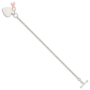 Silver Engravable Heart Pink Ribbon Bracelet - SoMag2
