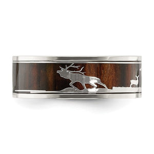 Chisel Stainless Steel Polished with Wood Inlay Deer Design 8mm Band - The Southern Magnolia Too