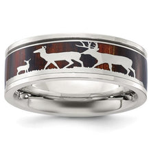 Load image into Gallery viewer, Chisel Stainless Steel Polished with Wood Inlay Deer Design 8mm Band - The Southern Magnolia Too