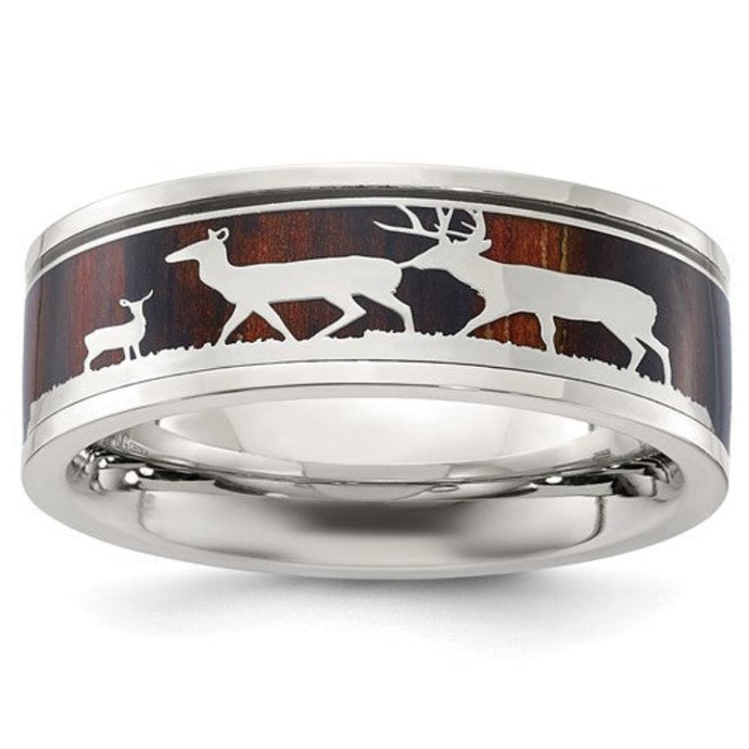 Chisel Stainless Steel Polished with Wood Inlay Deer Design 8mm Band - The Southern Magnolia Too