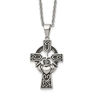 Chisel Stainless Steel Claddagh Cross Pendant Cable Chain Necklace