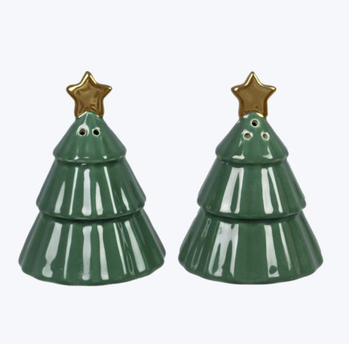 Green Christmas Tree with Gold Star Salt and Pepper Shaker Set