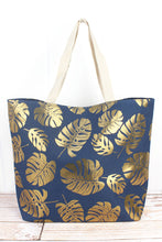 Load image into Gallery viewer, Large Metallic Gold Monstera Palm Leaf Shoulder Travel Tote