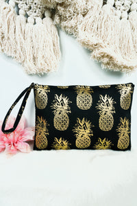 Large Metallic Gold Pineapple Wristlet Pouch Travel Tote