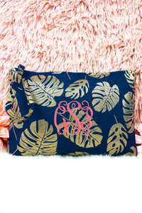 Large Metallic Gold Monstera Palm Frond Wristlet Pouch Travel Tote