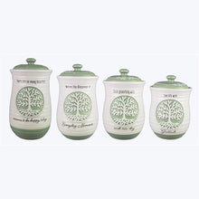 Load image into Gallery viewer, Tree of Life Green Ceramic Coffee Tea Sugar Flour Canister Set