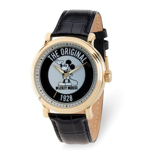 Disney Adult Gold-Tone Mickey Mouse 1928 Black Leather Band Watch - SoMag2